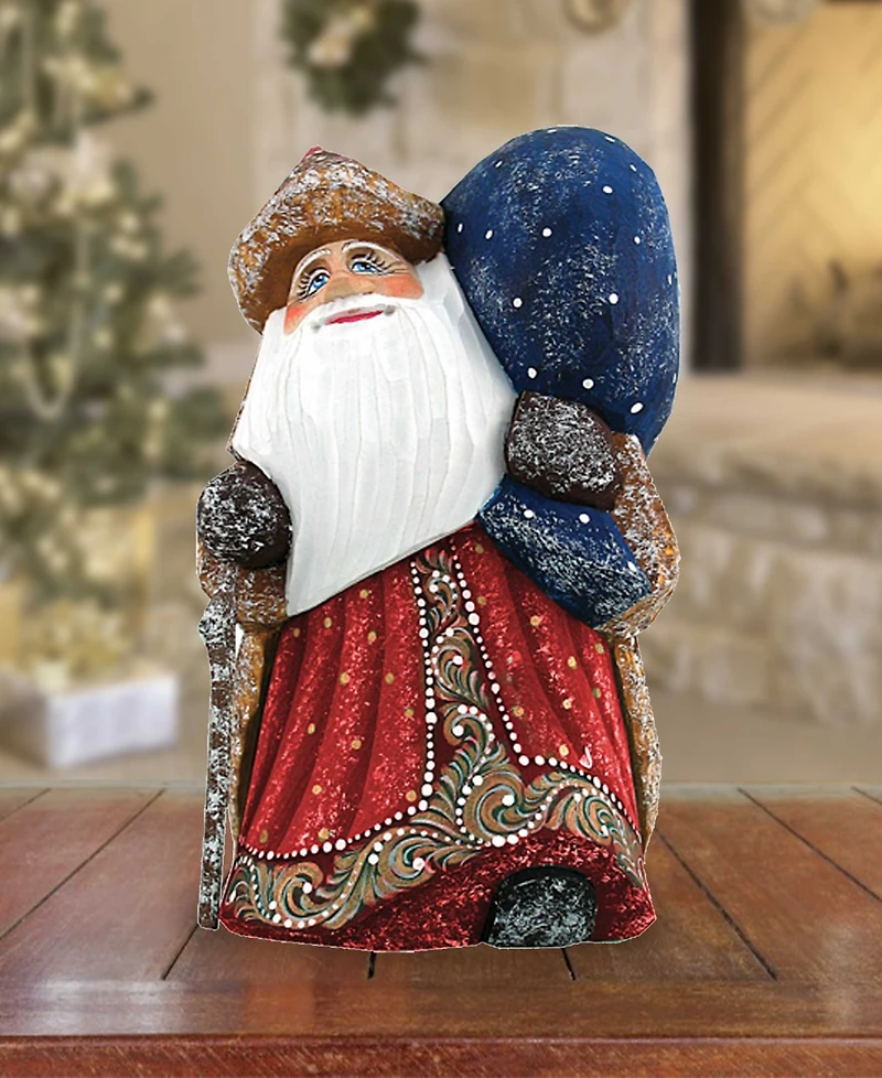 G.DeBrekht Woodcarved and Hand Painted Santa Yuletide Village Visitor with Bag Figurine