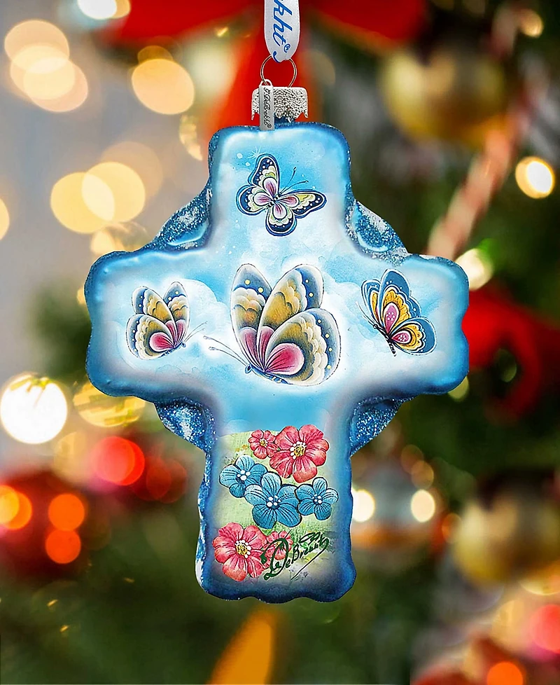 G.DeBrekht Blue Butterflies Cross Glass Ornament