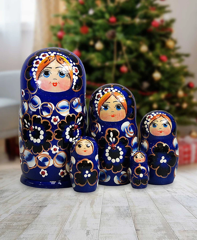 G.DeBrekht Blue Floral 5 Piece Russian Matryoshka Nested Doll Set