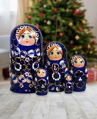 G.DeBrekht Blue Floral 5 Piece Russian Matryoshka Nested Doll Set
