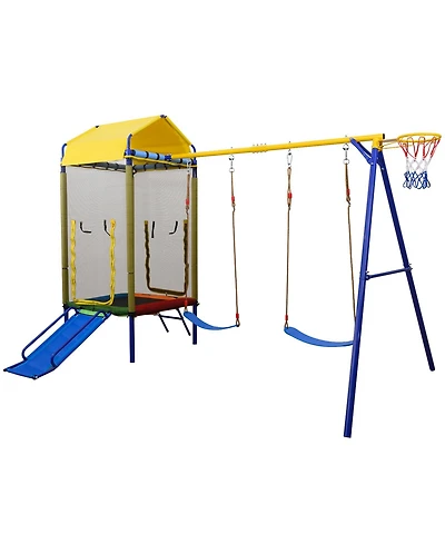 Slickblue 5 in 1 Kids Swing Set with Metal Stand Backyard Playset