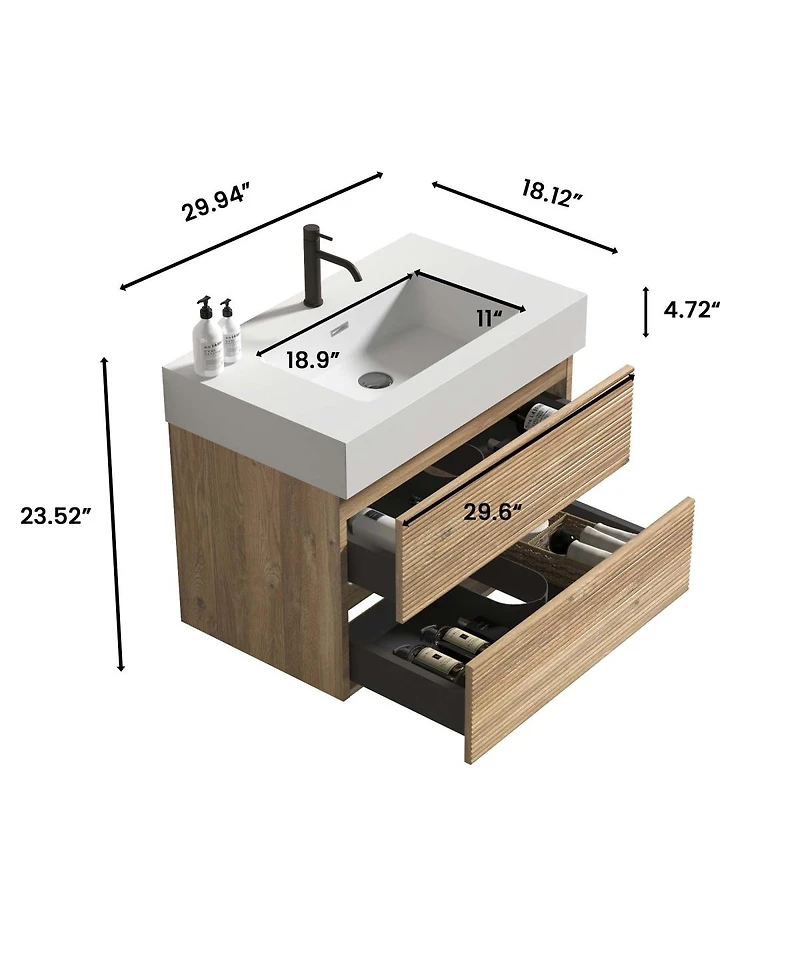 Sillysis Mid-Century Modern Bathroom Vanity with Oak Grille Double Drawers
