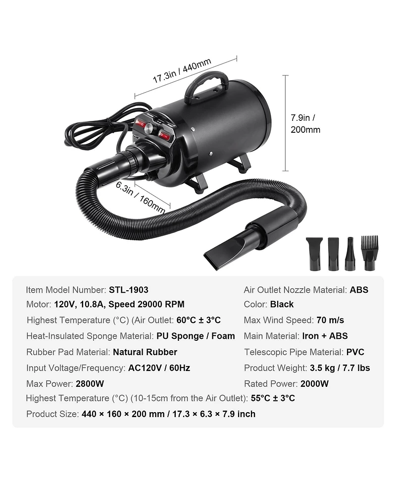 Cozito Dog Blow Dryer Pet Grooming 4 Nozzles Hose