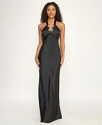 Seni & Cade Juniors' Halter Neck Hardware Trim Satin Long Gown
