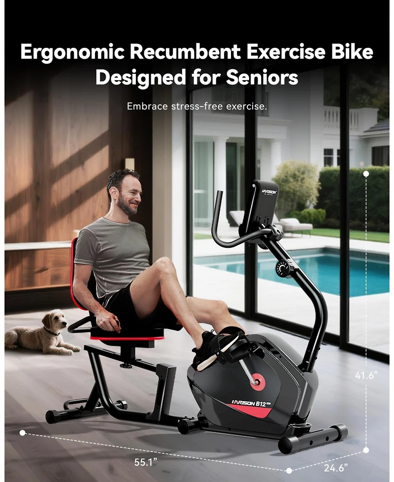 Harison Recumbent Exercise Bike for Home, 400 lbs Capacity, Magnetic with Lcd Monitor (Hrm-B12)