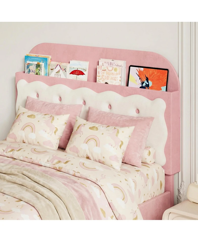 Homfan Velvet Upholstered Bed Frame with Storage Headboard, Footboard Drawer and Wood Slats, Box Spring Not Required