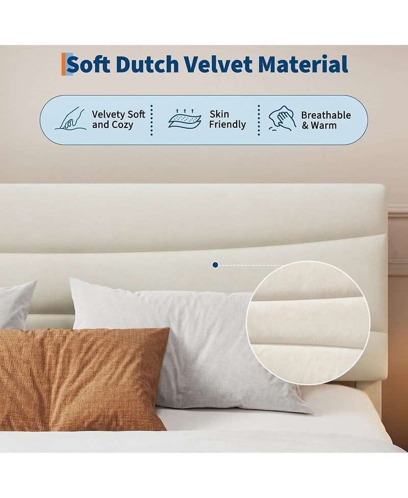 Homfan Upholstered Platform Bed Frame with Velvet Headboard, Wood Slats and Underbed Storage, Box Spring Not Required