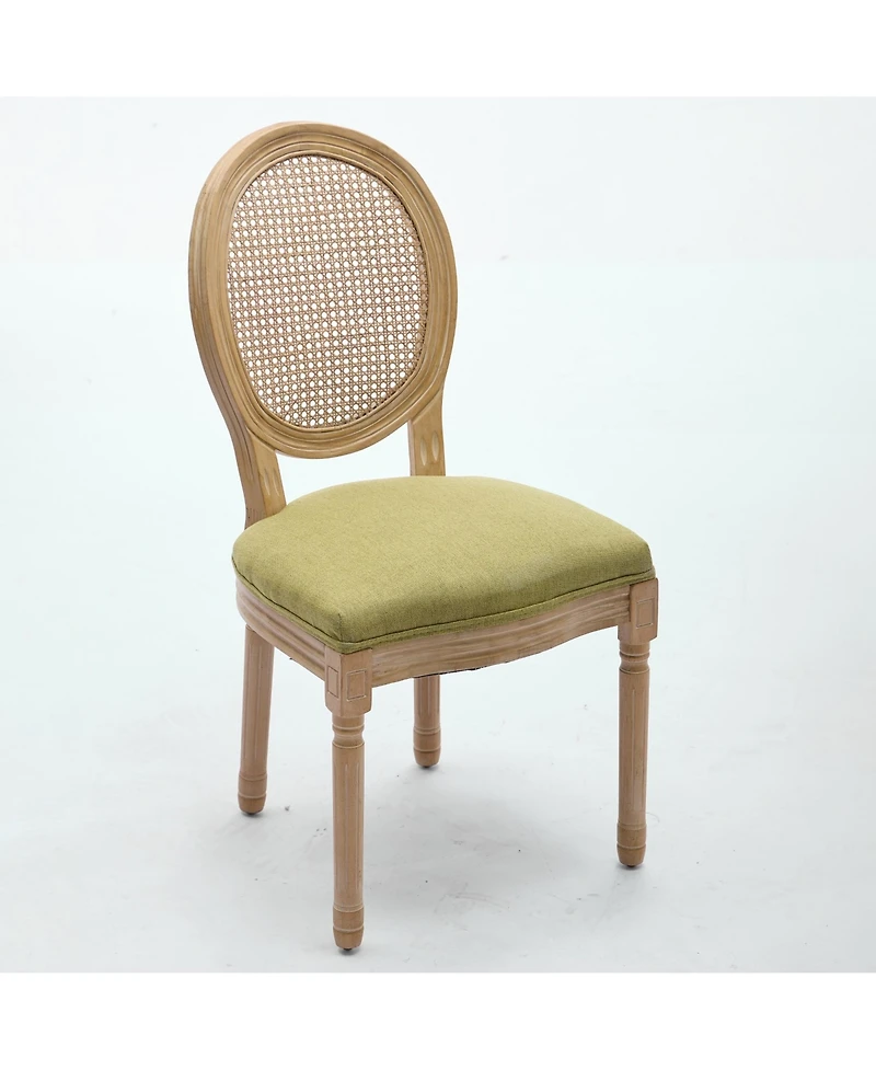 sumyeg French Style Solid Wood Frame Dining Chair with Linen Fabric Rattan Back Set of 2