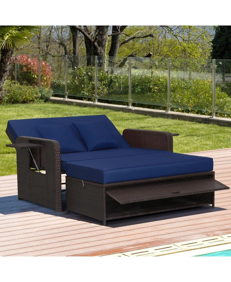 Gouun Outdoor Rattan Daybed Loveseat with 4-Position Backrest and Retractable Side Trays