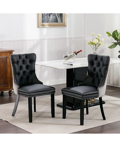 Rainsken Dining Chairs Set of 2, Modern Pu and Velvet Upholstered Kitchen with Wood Legs, Nailhead Trim Button Design for Room