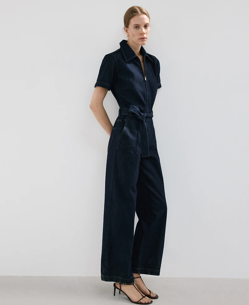 Mango Women's Belt Denim Jumpsuit