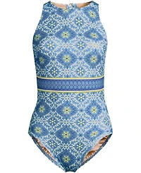 Lands' End Women's Long Tugless High Neck Portrait Back One Piece Swimsuit