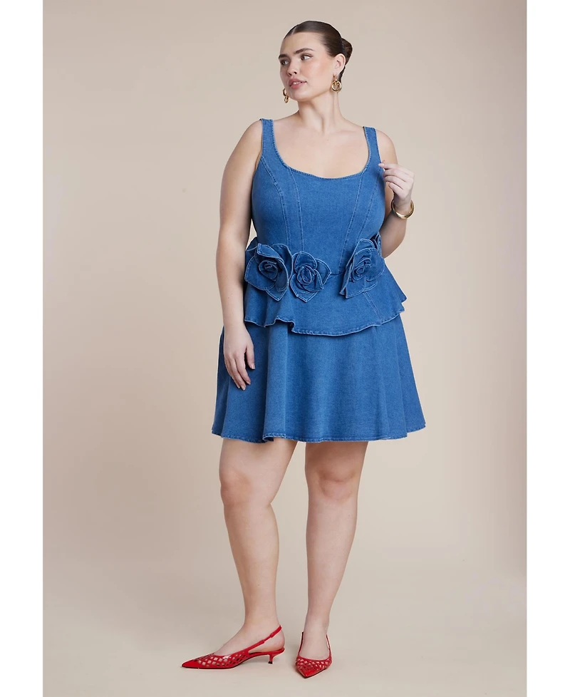 Eloquii Women's Denim Flower Applique Mini Dress