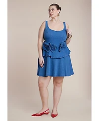 Eloquii Women's Denim Flower Applique Mini Dress