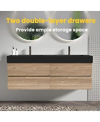 Sillysis Mid-Century Modern Bathroom Vanity with Double Drawers, Quartz Basin