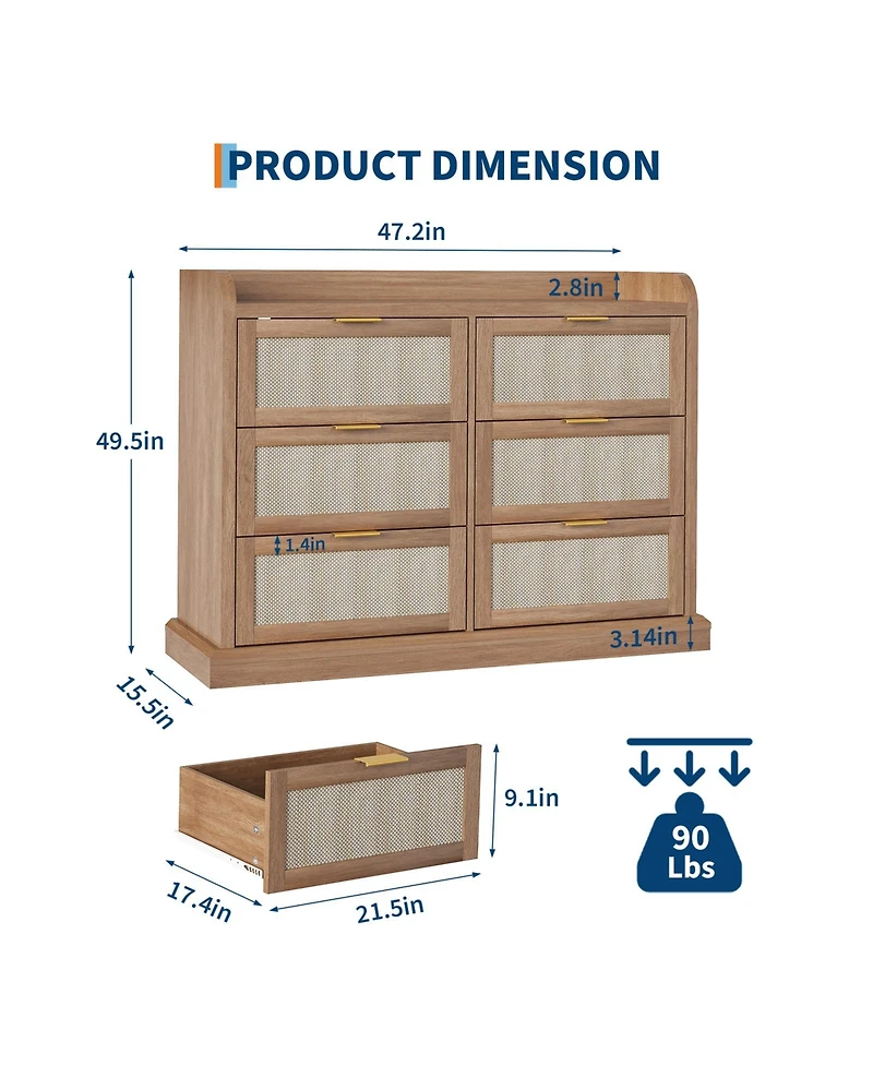 gaomon Farmhouse 6 Drawer Dresser for Bedroom, Rattan Chest of Drawers Tv Stand with Gold Handles.