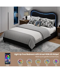 Homfan Boucle Upholstered Bed Frame with 2 Storage Drawers, Led Headboard and Wood Slats