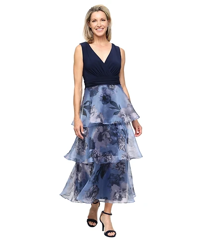 Sl Fashions Women's Embellished Neckline with Tea Length Dress