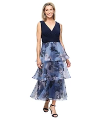 Sl Fashions Women's Embellished Neckline with Tea Length Dress