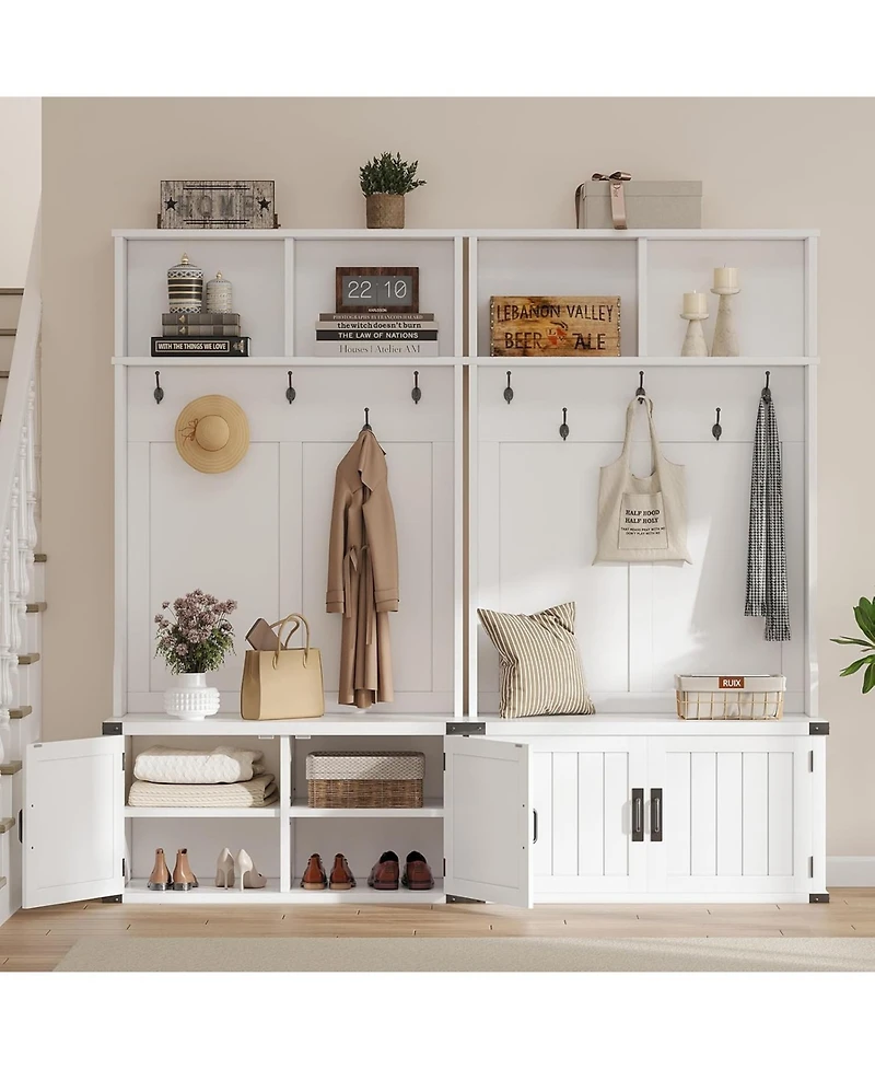 gaomon 76" Hall Tree with Bench and Shoe Storage, Farmhouse 4-in-1 Entryway with Coat Rack and 5 Tri-Hooks, Adjustable Shelf