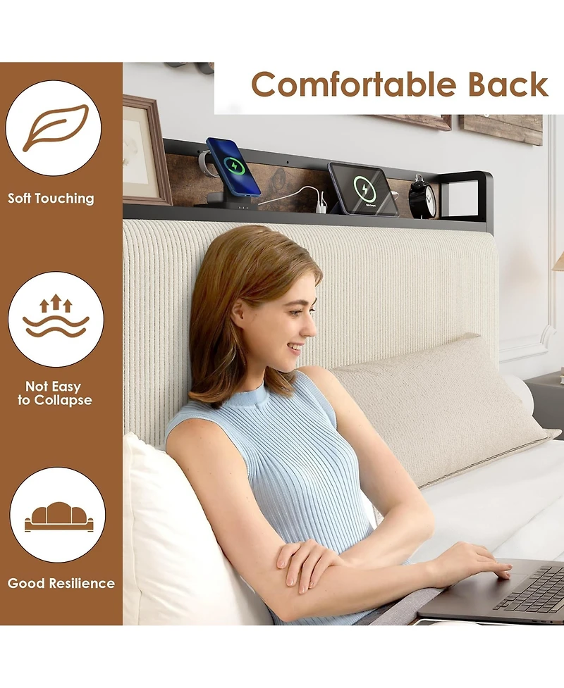 Homfan Upholstered Bed Frame with Storage Headboard, 2 Drawers and Charging Station