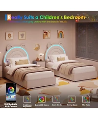 Homfan Upholstered Bed Frame with 2 Drawers, Led Light and Bear Headboard for Kids