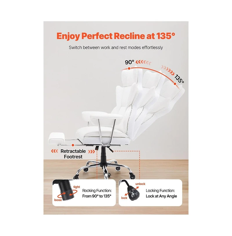 Sugift Reclining Office Chair with Retractable Footrest, 350 lbs Capacity, Pu Leather Wide Seat and Lumbar Support