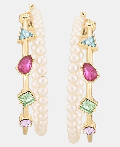 Karl Lagerfeld Paris Medium Mixed Crystal & Imitation Pearl Double Row Hoop Earrings, 1.58"