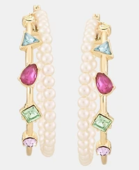 Karl Lagerfeld Paris Medium Mixed Crystal & Imitation Pearl Double Row Hoop Earrings, 1.58"