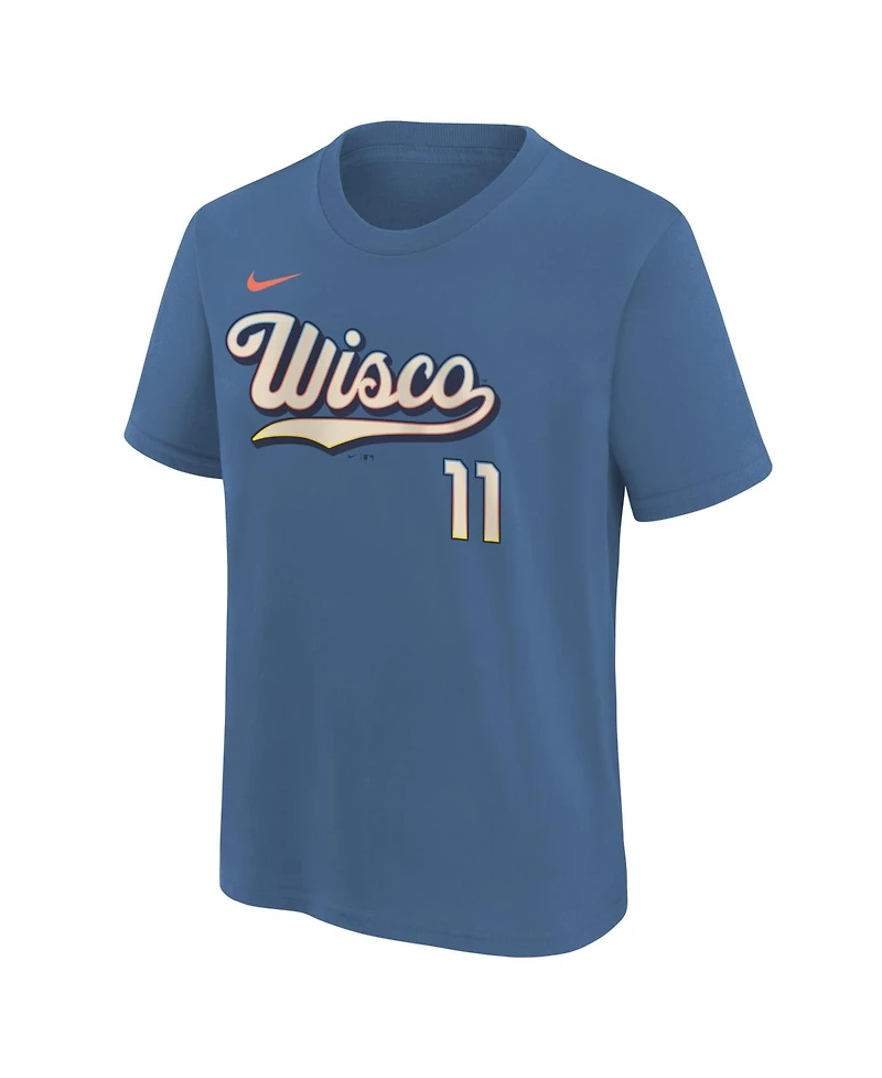 Nike Big Boys and Girls Jackson Chourio Blue Milwaukee Brewers 2026 City Connect Name Number T-Shirt