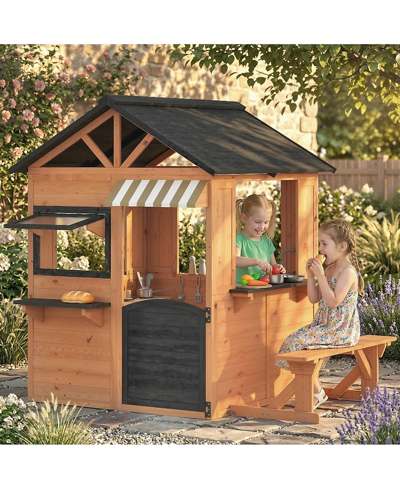 Qaba Outdoor Playhouse, Wooden Kids Playhouse with Play Kitchen and Bench