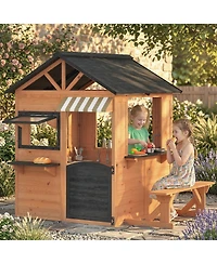 Qaba Outdoor Playhouse, Wooden Kids Playhouse with Play Kitchen and Bench