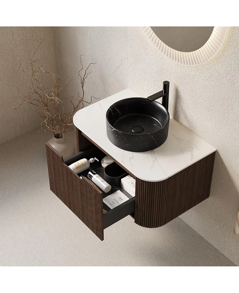 Sillysis Wall Mounted Bathroom Vanity, Ceramic Vessel Sink, Carrara Sintered Stone Top, Soft Close Drawer