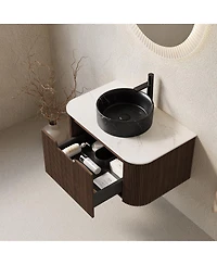 Sillysis Wall Mounted Bathroom Vanity, Ceramic Vessel Sink, Carrara Sintered Stone Top, Soft Close Drawer