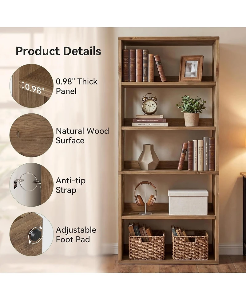 Tribesigns 5-Tier Solid Wood Bookshelf, 70.8" Tall Farmhouse Bookcase with Open Storage Shelves, Freestanding Bookshelves Display Rack