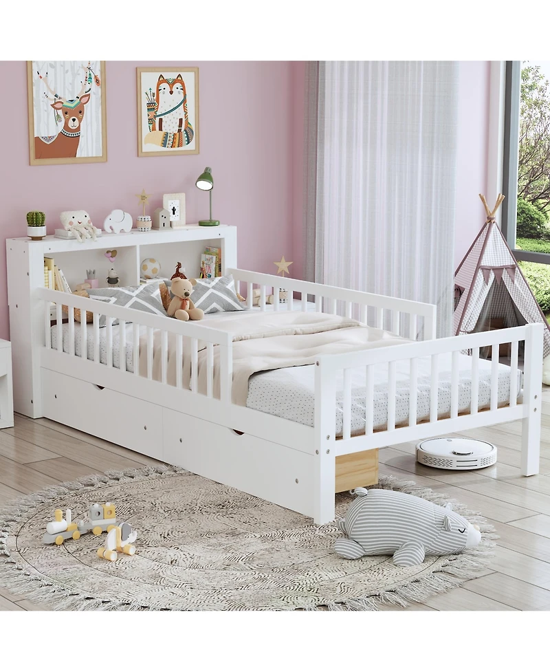 Rainsken Kids Twin Bed Frame, Wooden Platform with Headboard Storage Rack, 2 Under-Bed Drawers and 3-Side Guardrails for Bedroom