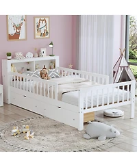 Rainsken Kids Twin Bed Frame, Wooden Platform with Headboard Storage Rack, 2 Under-Bed Drawers and 3-Side Guardrails for Bedroom