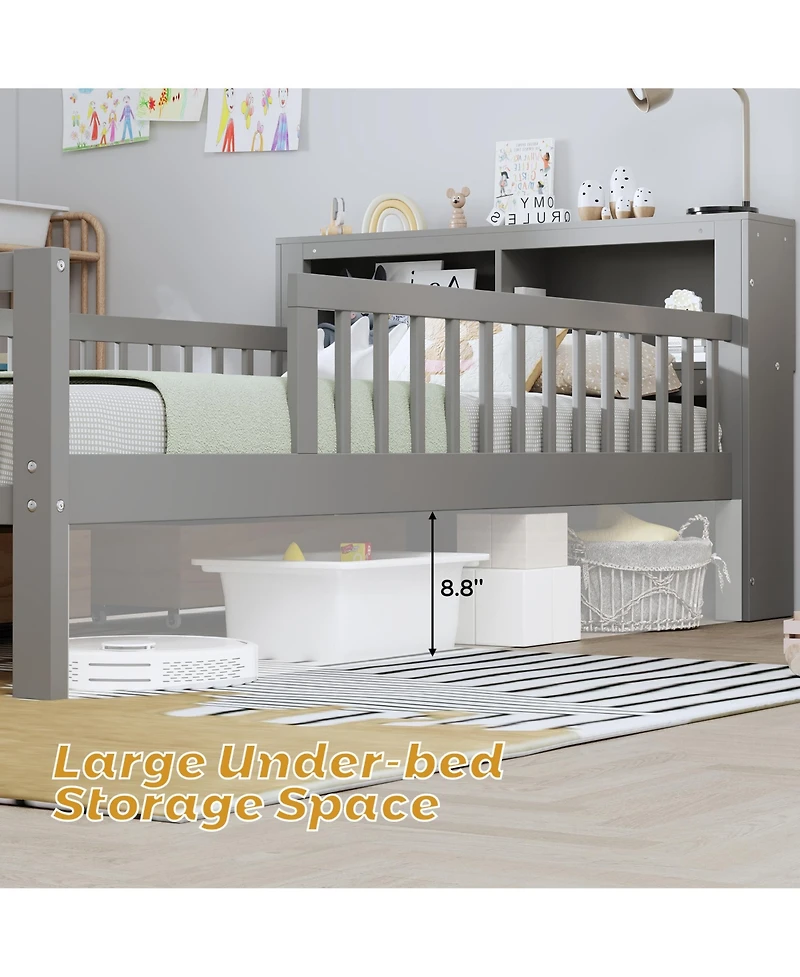 Rainsken Kids Twin Bed Frame, Wooden Platform with Headboard Storage Rack, 2 Under-Bed Drawers and 3-Side Guardrails for Bedroom