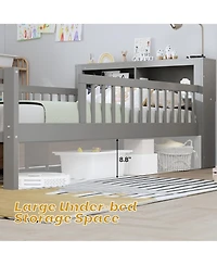 Rainsken Kids Twin Bed Frame, Wooden Platform with Headboard Storage Rack, 2 Under-Bed Drawers and 3-Side Guardrails for Bedroom