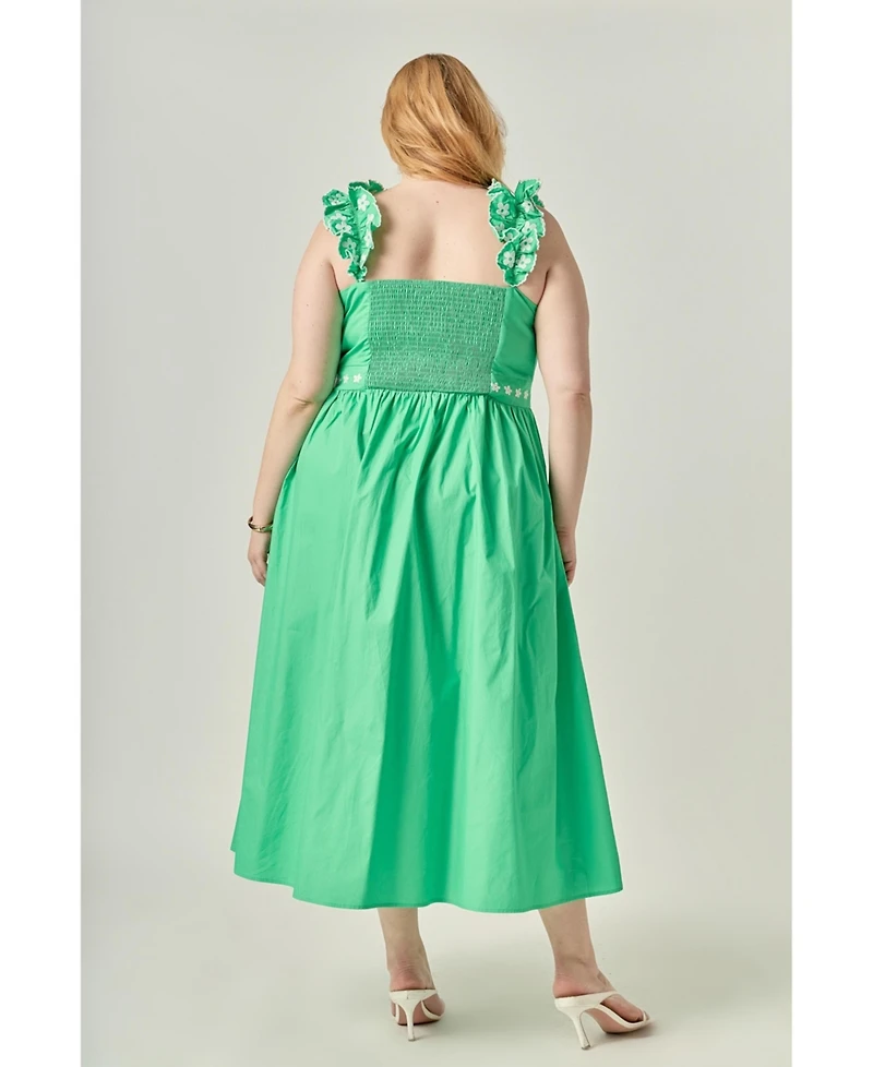 English Factory Plus Flower Embroidered Ruffle Midi Dress