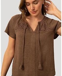 Cable & Gauge Women's and Crochet Trim Crinkle Peasant Top