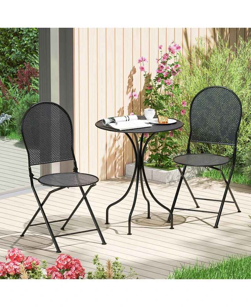 Gouun 3 Piece Metal Bistro Patio Conversation Set with Round Table and 2 Folding Chairs