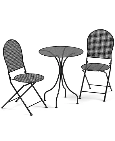 Gouun 3 Piece Metal Bistro Patio Conversation Set with Round Table and 2 Folding Chairs