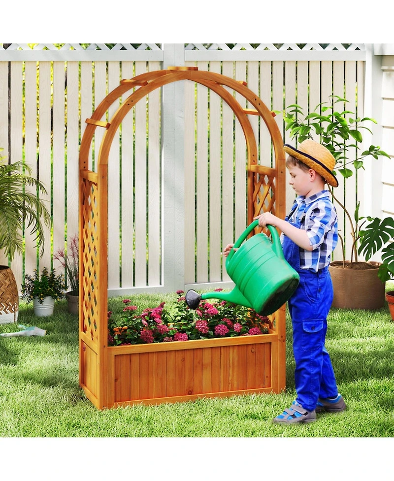 Gouun Raised Planter Box with Lattice Trellis and Arched Roof