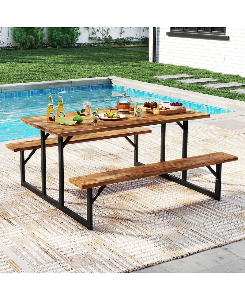 Sugift Acacia Wood Picnic Table with Two Built In Benches for Six