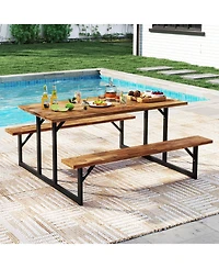 Sugift Acacia Wood Picnic Table with Two Built In Benches for Six