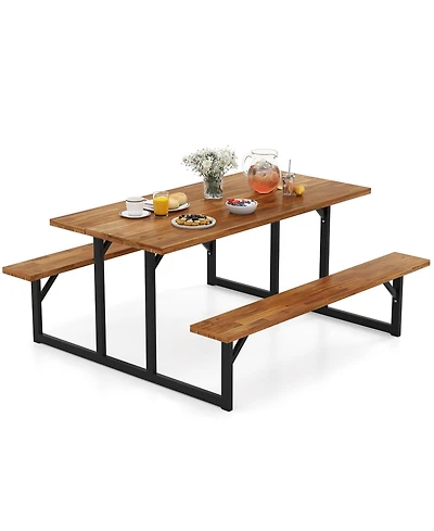 Sugift Acacia Wood Picnic Table with Two Built In Benches for Six