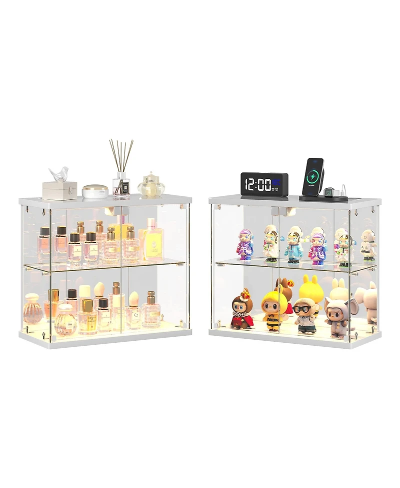 Vlsrka Led Lighted 2-Tier Glass Display Case with Charging Station and Motion Sensor, Desktop Storage Organizer for Figures, Models Perfume
