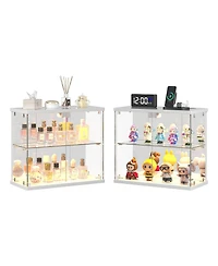 Vlsrka Led Lighted 2-Tier Glass Display Case with Charging Station and Motion Sensor, Desktop Storage Organizer for Figures, Models Perfume