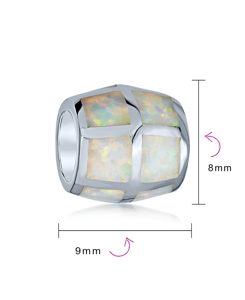 Bling Jewelry Created White Opal Inlay Barrel Charm Bead .925 Sterling Silver For Bracelet